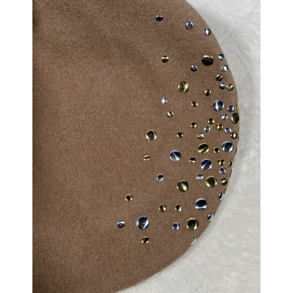 Vintage Mark Reed Women's Wool Beret Tan Studded Metallic Silver Gold Classic OS - Picture 4 of 7